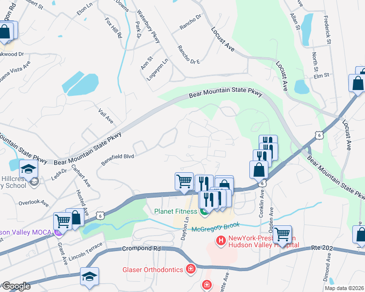 map of restaurants, bars, coffee shops, grocery stores, and more near 12 High Meadow Trail in Peekskill