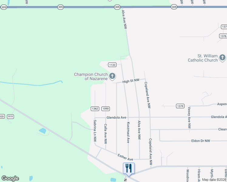 map of restaurants, bars, coffee shops, grocery stores, and more near 5299 Craig Avenue Northwest in Warren