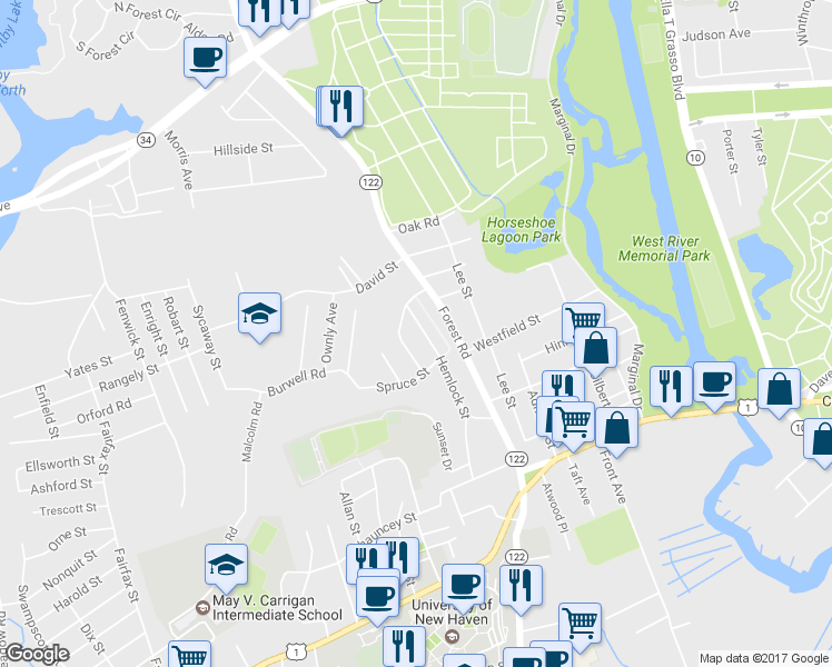 map of restaurants, bars, coffee shops, grocery stores, and more near 138 Hemlock Street in West Haven