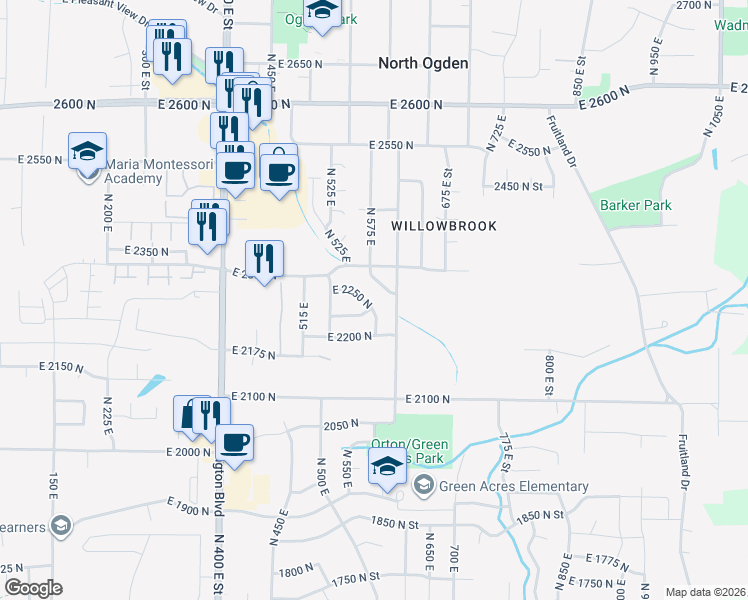 map of restaurants, bars, coffee shops, grocery stores, and more near 572 East 2250 North in North Ogden