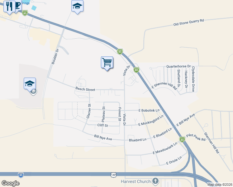 map of restaurants, bars, coffee shops, grocery stores, and more near 1713 Mercil Court in Laramie