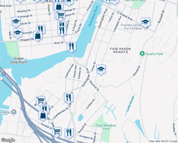 map of restaurants, bars, coffee shops, grocery stores, and more near 323 Quinnipiac Avenue in New Haven