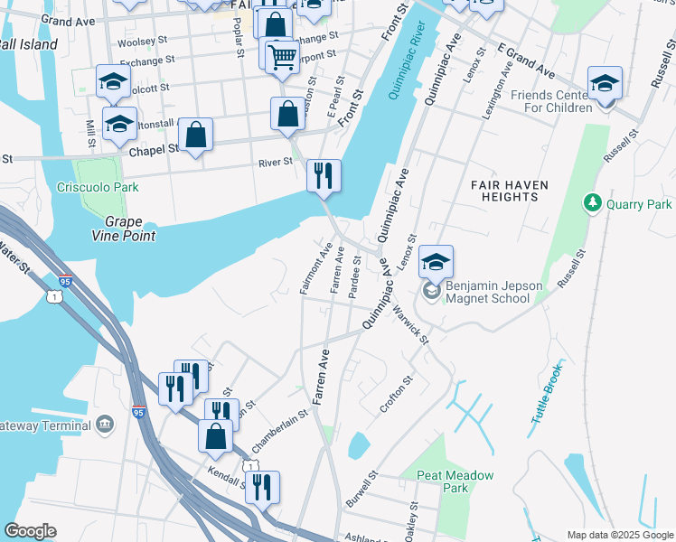 map of restaurants, bars, coffee shops, grocery stores, and more near 182 Farren Avenue in New Haven