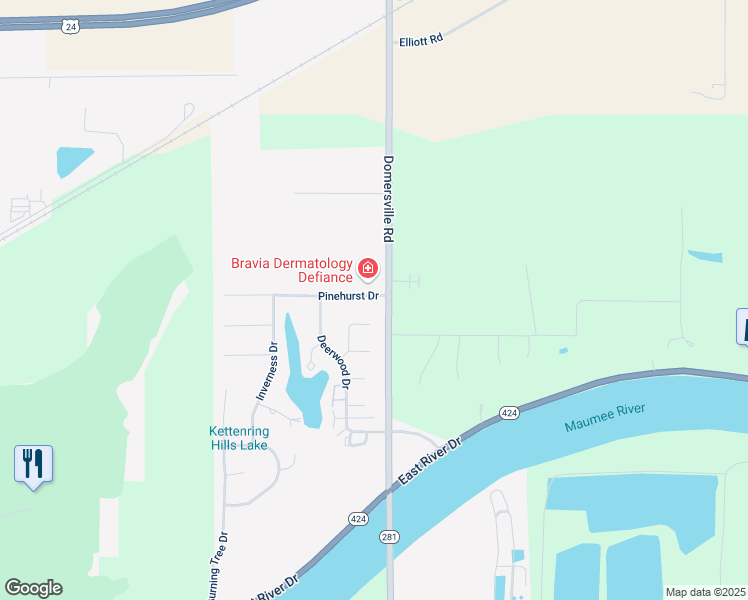 map of restaurants, bars, coffee shops, grocery stores, and more near 1497 Pinehurst Drive in Defiance