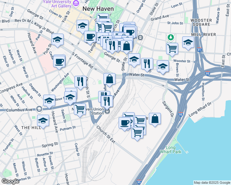 map of restaurants, bars, coffee shops, grocery stores, and more near 25 Union Avenue in New Haven