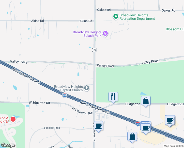map of restaurants, bars, coffee shops, grocery stores, and more near 9772 Broadview Road in Broadview Heights
