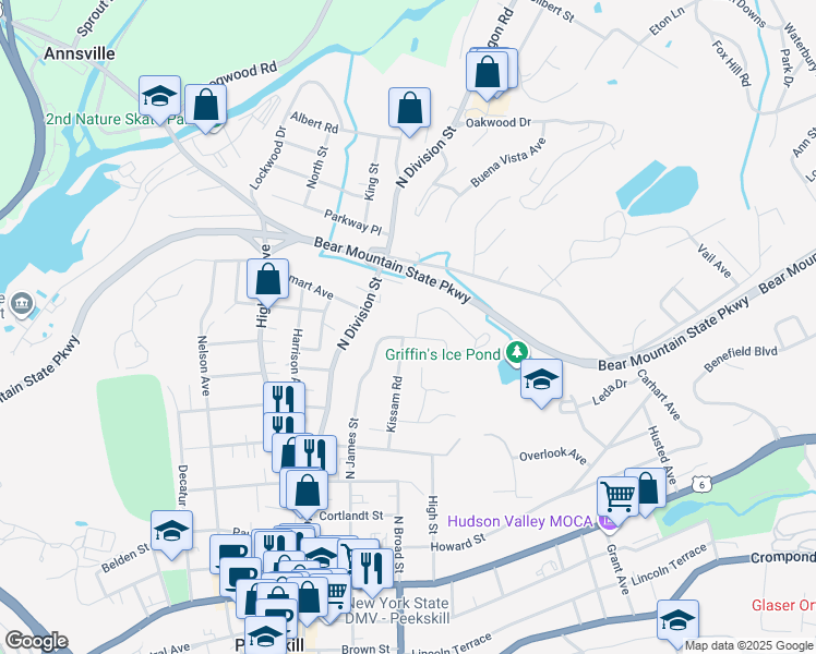 map of restaurants, bars, coffee shops, grocery stores, and more near 106 Rolling Way in Peekskill