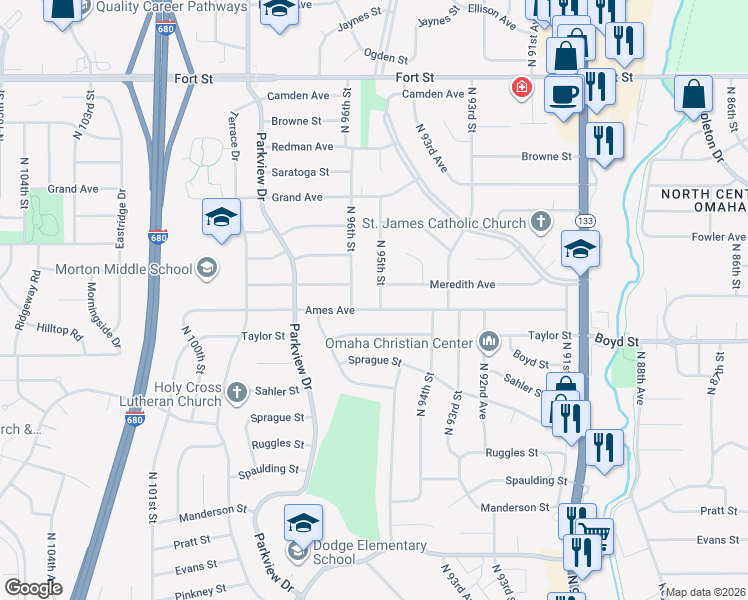 map of restaurants, bars, coffee shops, grocery stores, and more near 4512 North 95th Street in Omaha