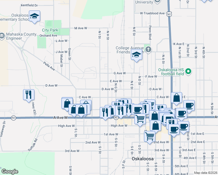 map of restaurants, bars, coffee shops, grocery stores, and more near 901-999 D Avenue West in Oskaloosa