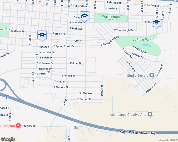 map of restaurants, bars, coffee shops, grocery stores, and more near 1710 Boswell Drive in Laramie