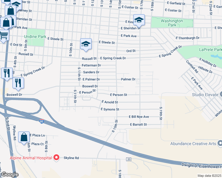 map of restaurants, bars, coffee shops, grocery stores, and more near 1416 Boswell Drive in Laramie