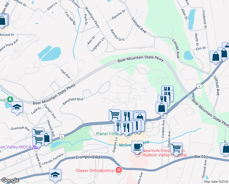 map of restaurants, bars, coffee shops, grocery stores, and more near 12 High Meadow Trail in Peekskill