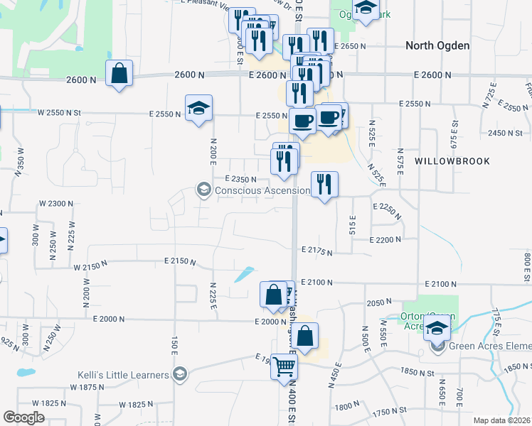 map of restaurants, bars, coffee shops, grocery stores, and more near 340 East 2275 North in North Ogden