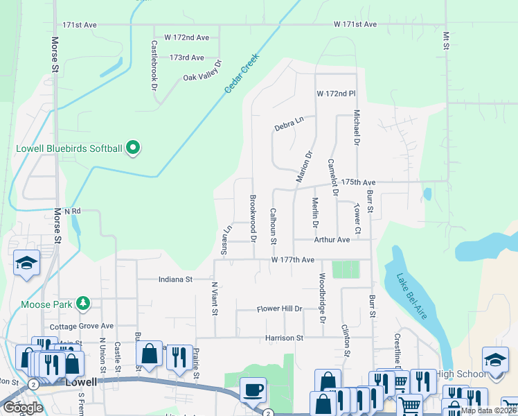 map of restaurants, bars, coffee shops, grocery stores, and more near 17551 Brookwood Drive in Lowell