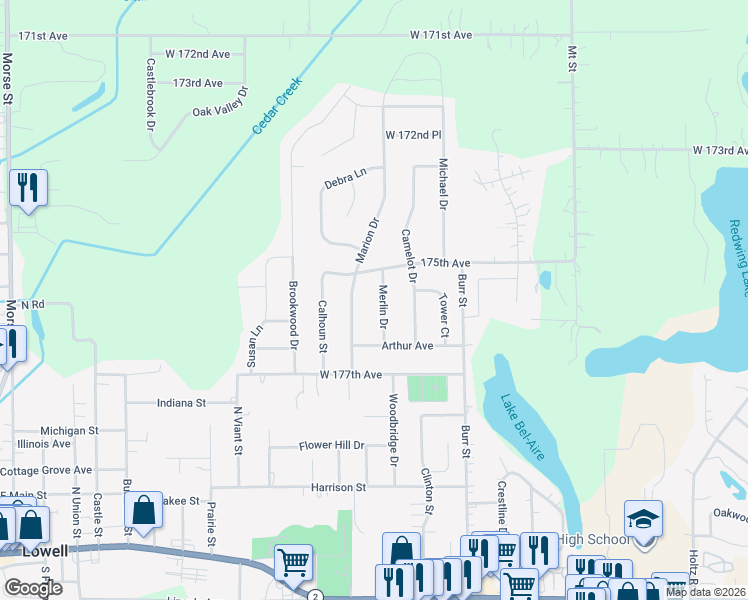 map of restaurants, bars, coffee shops, grocery stores, and more near 17548 Merlin Drive in Lowell