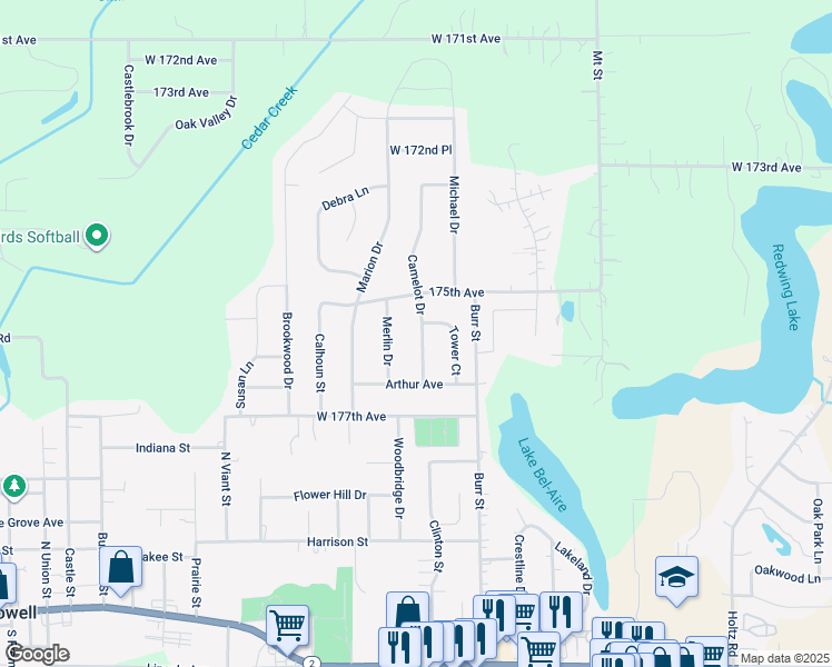 map of restaurants, bars, coffee shops, grocery stores, and more near 17552 Camelot Drive in Lowell