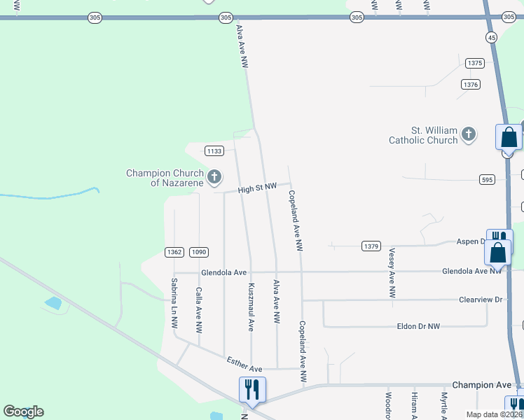 map of restaurants, bars, coffee shops, grocery stores, and more near 5293 Alva Avenue Northwest in Warren