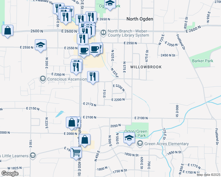 map of restaurants, bars, coffee shops, grocery stores, and more near 2241 North 525 East in North Ogden