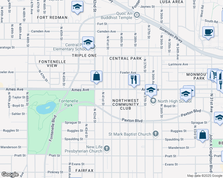 map of restaurants, bars, coffee shops, grocery stores, and more near Ames Ave & N 40th Ave in Omaha