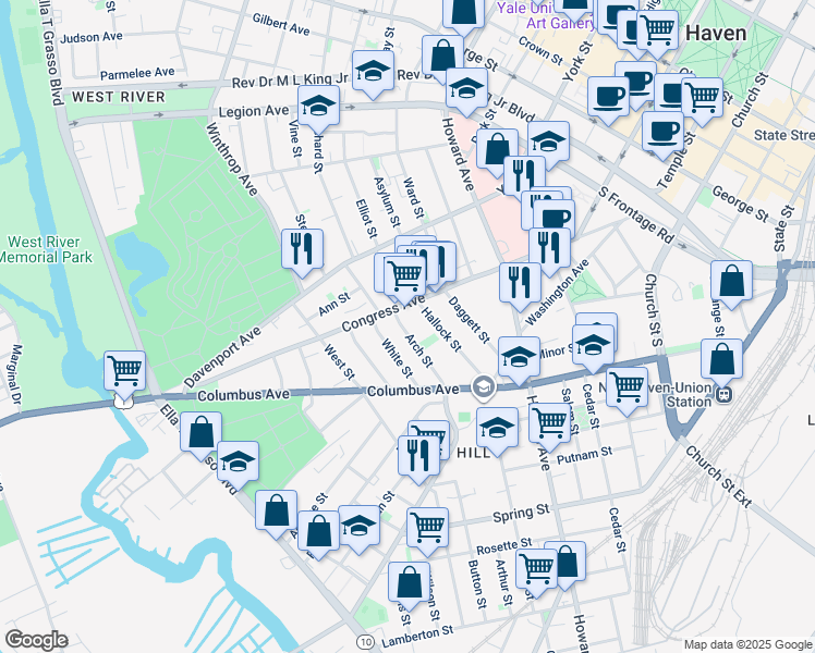 map of restaurants, bars, coffee shops, grocery stores, and more near 77 Arch Street in New Haven