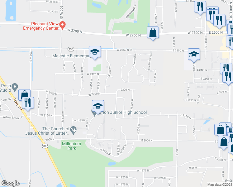 map of restaurants, bars, coffee shops, grocery stores, and more near 298 West 2300 North in Harrisville