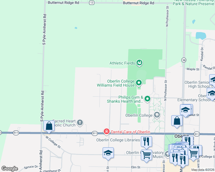 map of restaurants, bars, coffee shops, grocery stores, and more near 290 N Prospect St in Oberlin