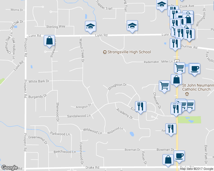 map of restaurants, bars, coffee shops, grocery stores, and more near 19860 Benwood Court in Strongsville