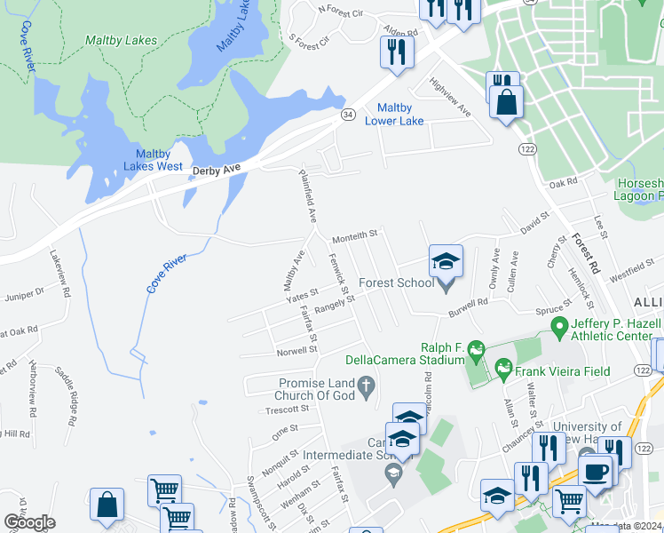 map of restaurants, bars, coffee shops, grocery stores, and more near 102 Fenwick Street in West Haven