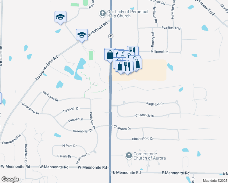 map of restaurants, bars, coffee shops, grocery stores, and more near 14 Yorkshire Drive in Aurora