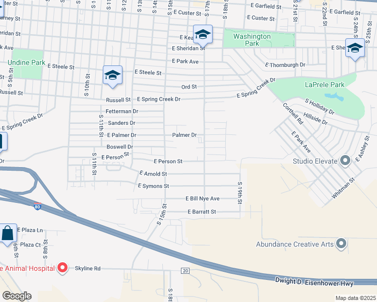 map of restaurants, bars, coffee shops, grocery stores, and more near 1617 East Person Street in Laramie
