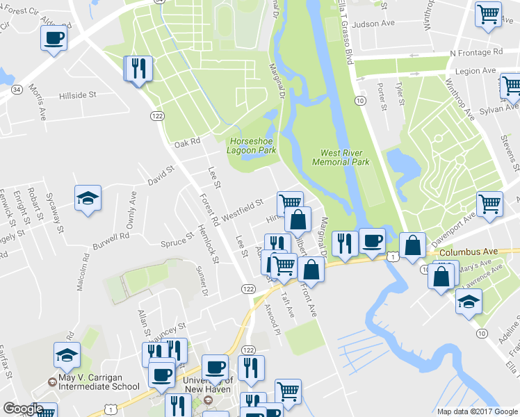 map of restaurants, bars, coffee shops, grocery stores, and more near 56 Westfield Street in West Haven