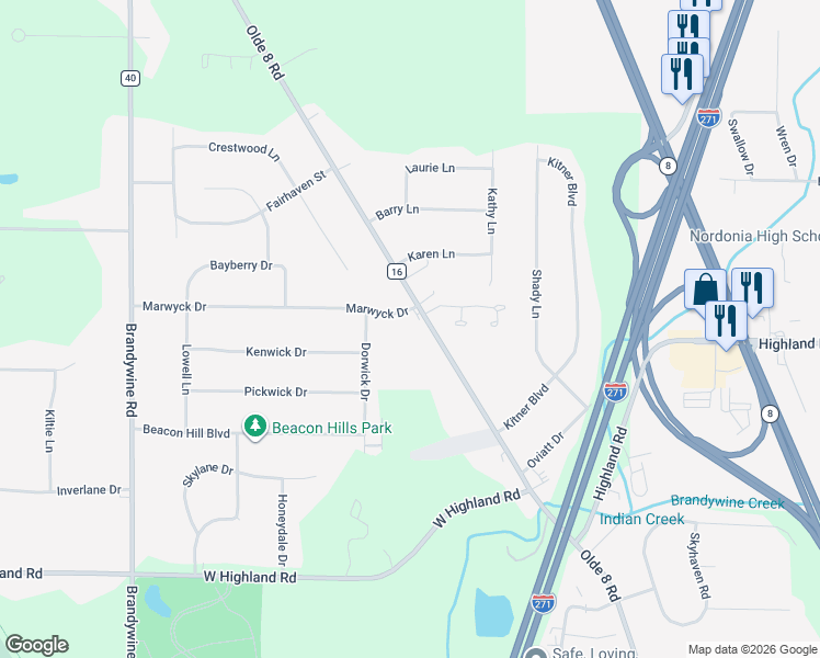 map of restaurants, bars, coffee shops, grocery stores, and more near 8720 Akron Cleveland Road in Northfield