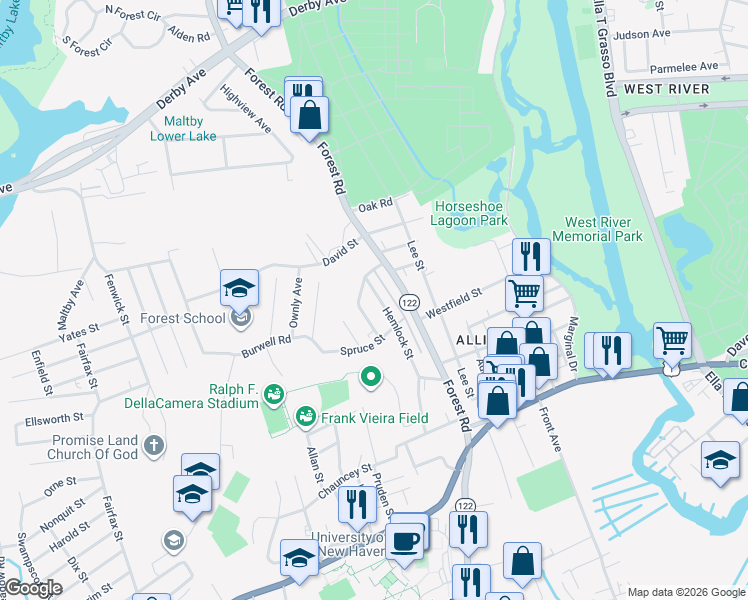 map of restaurants, bars, coffee shops, grocery stores, and more near 138 Hemlock Street in West Haven