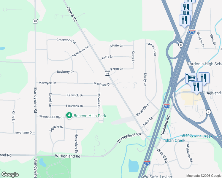 map of restaurants, bars, coffee shops, grocery stores, and more near 8720 Akron Cleveland Road in Northfield