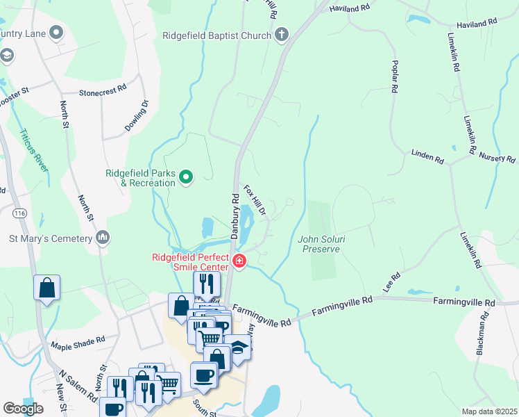 map of restaurants, bars, coffee shops, grocery stores, and more near 5 Grape Lane in Ridgefield