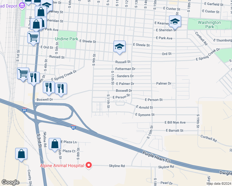 map of restaurants, bars, coffee shops, grocery stores, and more near 1126 Boswell Drive in Laramie