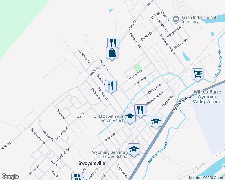 map of restaurants, bars, coffee shops, grocery stores, and more near 233 Hughes Street in Swoyersville