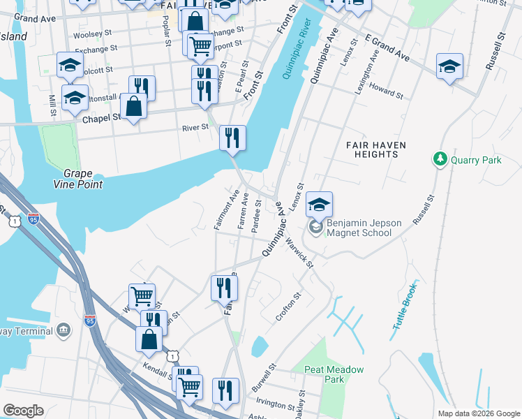 map of restaurants, bars, coffee shops, grocery stores, and more near 85 Pardee Street in New Haven