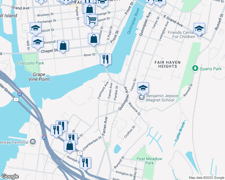 map of restaurants, bars, coffee shops, grocery stores, and more near 182 Farren Avenue in New Haven