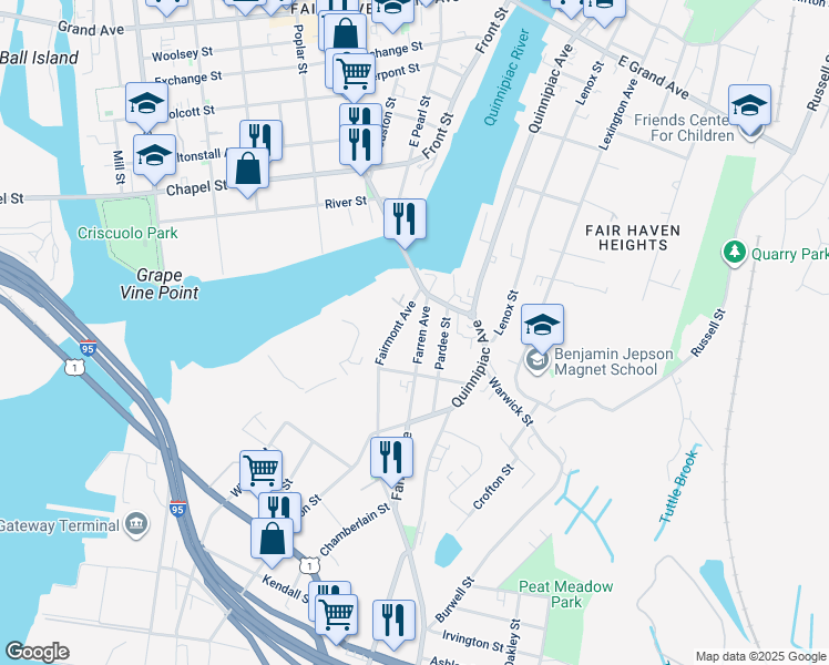 map of restaurants, bars, coffee shops, grocery stores, and more near 182 Farren Avenue in New Haven