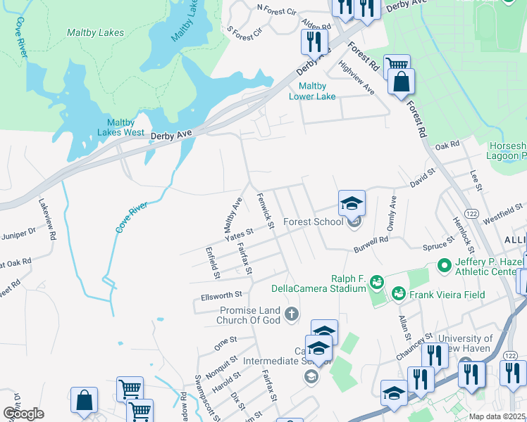 map of restaurants, bars, coffee shops, grocery stores, and more near 102 Fenwick Street in West Haven