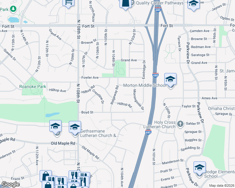 map of restaurants, bars, coffee shops, grocery stores, and more near 10506 Hilltop Road in Omaha