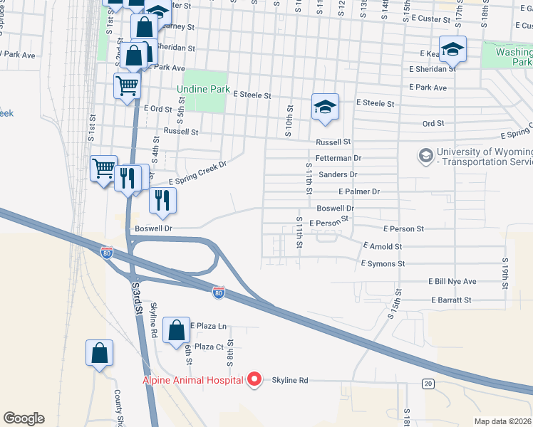 map of restaurants, bars, coffee shops, grocery stores, and more near 902 Boswell Drive in Laramie