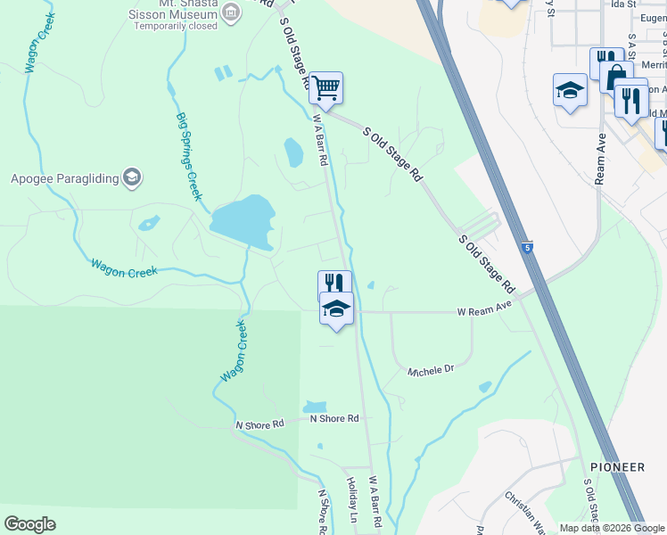 map of restaurants, bars, coffee shops, grocery stores, and more near 721 West A Barr Road in Mount Shasta