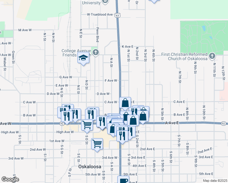 map of restaurants, bars, coffee shops, grocery stores, and more near 502 North A Street in Oskaloosa