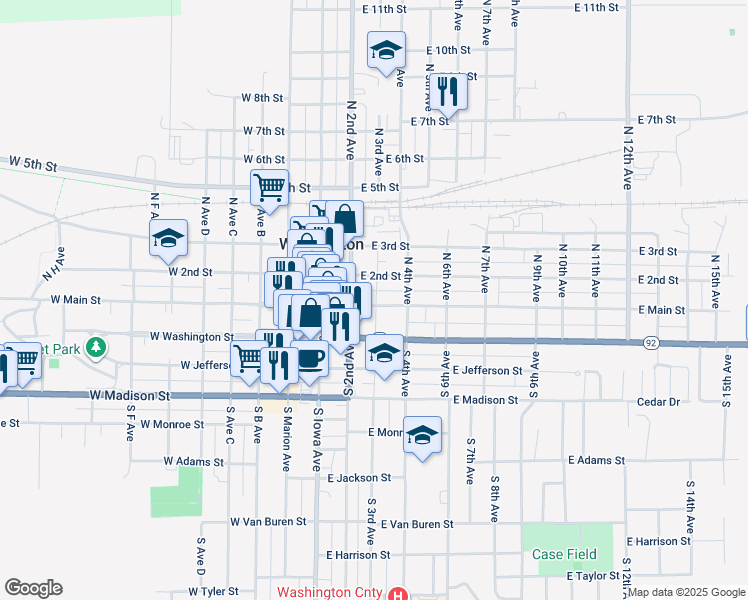 map of restaurants, bars, coffee shops, grocery stores, and more near 222 East Main Street in Washington
