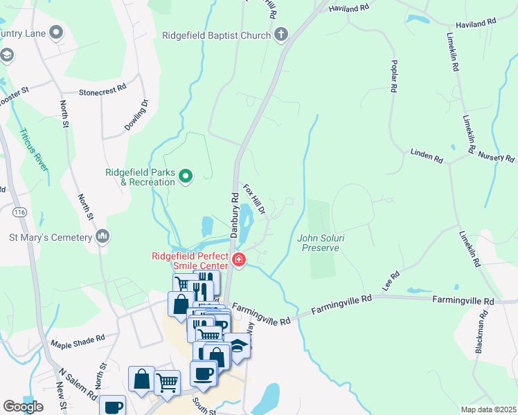 map of restaurants, bars, coffee shops, grocery stores, and more near 5 Grape Lane in Ridgefield