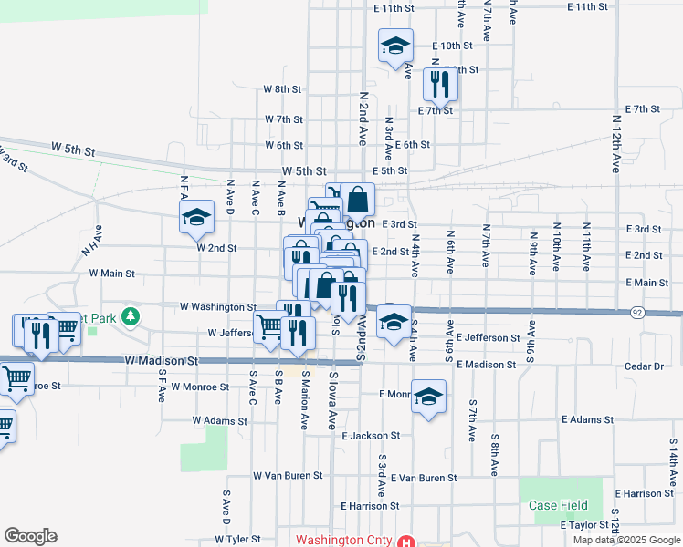 map of restaurants, bars, coffee shops, grocery stores, and more near 100-198 W Main St in Washington
