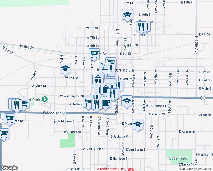 map of restaurants, bars, coffee shops, grocery stores, and more near 198 West Main Street in Washington