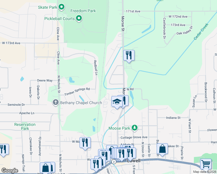 map of restaurants, bars, coffee shops, grocery stores, and more near 7355 South Willowbrook Drive in Lowell